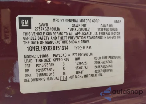 2002 Chevrolet Astro Ls from USA, damaged, VIN 1GNEL19X62B151314